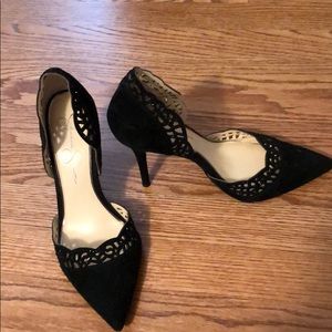 Open side 4 in black faux suede dress heels.